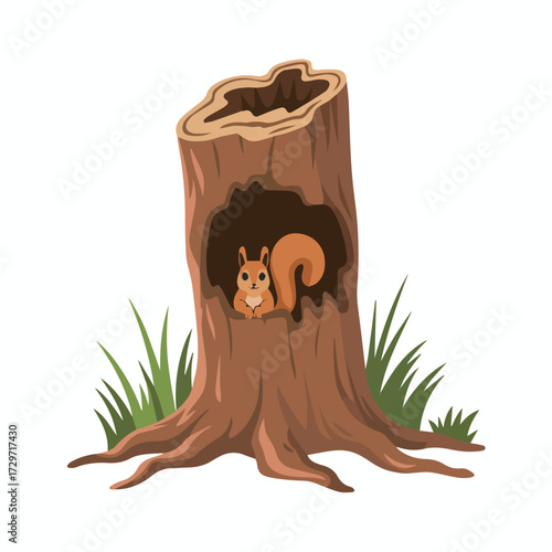 Squirrel in tree stump vector illustration wildlife animal forest nature cute rodent cartoon woodland creature design