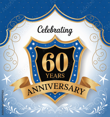 Elegant 60 years anniversary celebration emblem with golden ribbon