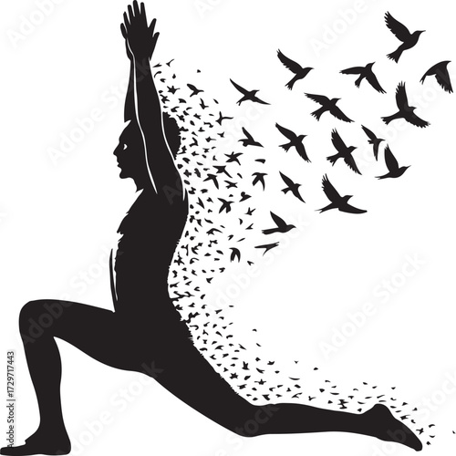 Silhouette of a person in yoga pose transforming into flying birds