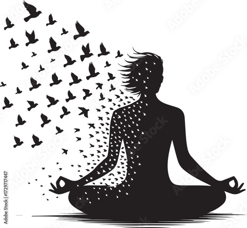 Meditating figure dissolving into a flock of birds