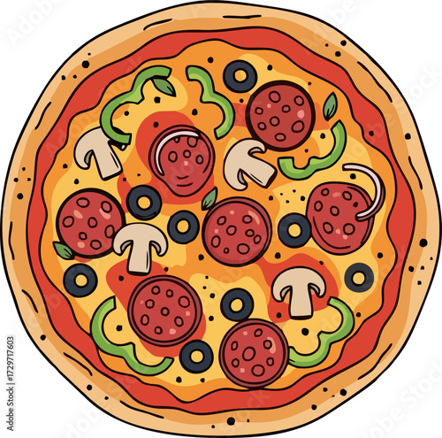 Fresh round pizza with tomato, cheese, olive, sausage, onion, basil. Traditional Italian fast food. Top view meal. Vector illustration