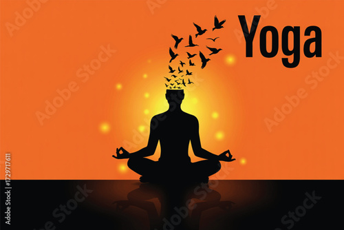 Meditating silhouette with birds flying from head yoga concept