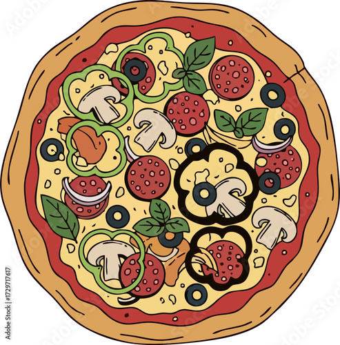 Fresh round pizza with tomato, cheese, olive, sausage, onion, basil. Traditional Italian fast food. Top view meal. Vector illustration