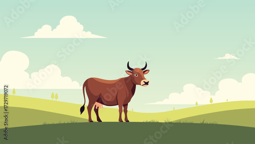 Brown Cow in a Field Cartoon Illustration
