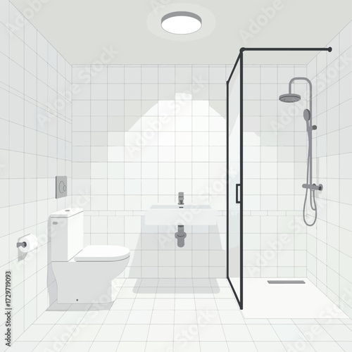 Minimalist Vector Bathroom Scene with Toilet Sink and Shower in Modern Style