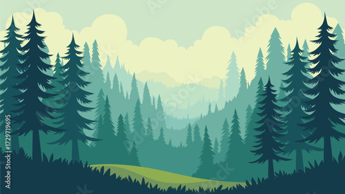 Serene Forest Landscape with Layered Trees and Misty Mountains