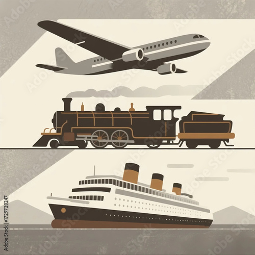 Vintage Retro Travel Poster with Airplane,Train,Ship Vector