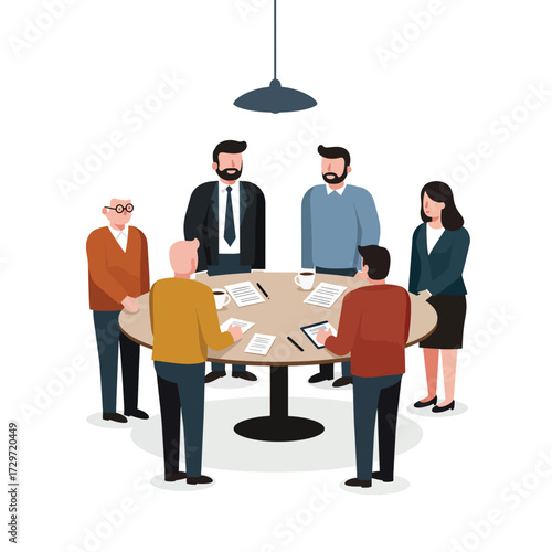 Vector Illustration of Business Meeting Scene with Professionals and Conference Table in Modern Flat Style