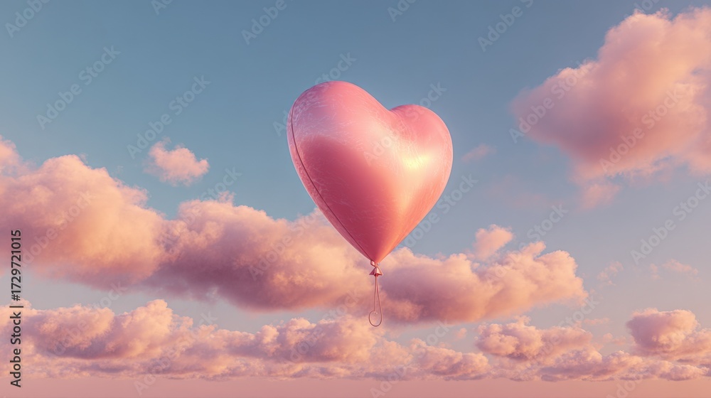 Fototapeta premium Pink Heart Balloon Floating in a Dreamy Sky with Soft Clouds, Symbolizing Love and Romance