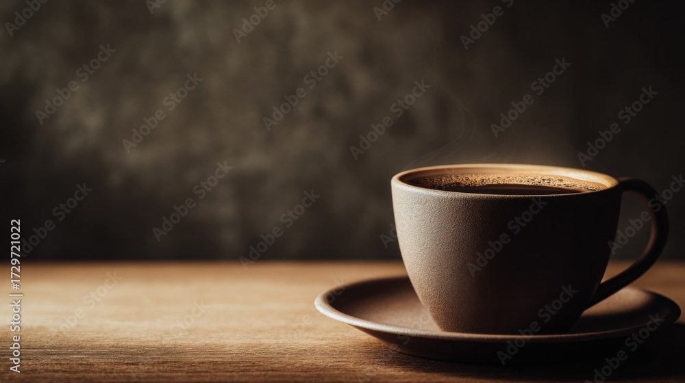 Obraz premium Steaming Coffee Cup on Wooden Table: Dark Roast Aroma for Morning Refreshment