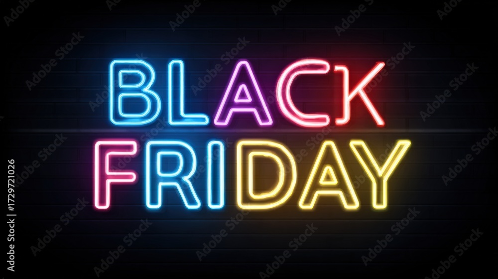 Fototapeta premium Brightly illuminated lettering promoting sale and discounts on black background, representing special offers and festive atmosphere