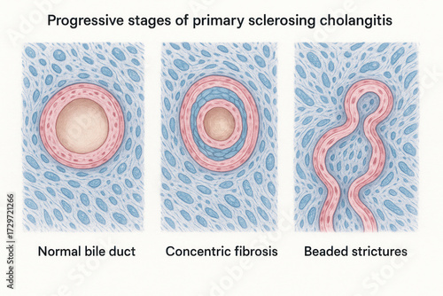 Progressive stages of primary sclerosing cholangitis illustration showing normal bile duct, concentric fibrosis, and beaded strictures.