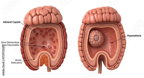 Adrenal Anatomy: Normal, Tumor, and Hyperplasia Cross-Section in 3D