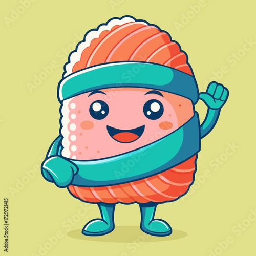 Kawaii Sushi Hero – Cute Salmon Nigiri Character Illustration in Superhero Pose