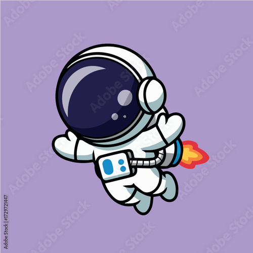 vector concept for astronaut cartoon character flying through space with jetpack and helmet on purple background
