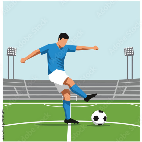 Vector Illustration of Soccer Player Kicking Ball in Modern Sports Style with Bright Blue and White Colors