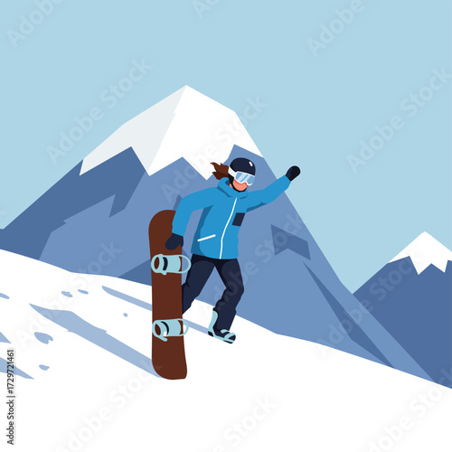 Vector Illustration of Snowboarder in Mountain Landscape in Modern Minimalist Style with Blue and White Color Palette