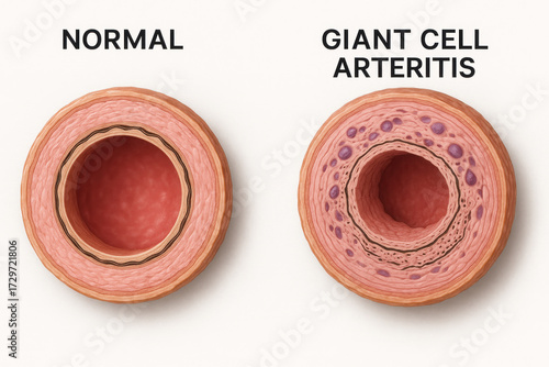 Medical illustration of Normal Artery vs. Giant Cell Arteritis