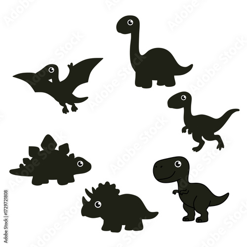Set of cute dinosaur silhouettes illustration. Collection includes T-Rex, Brontosaurus, Pterodactyl, Stegosaurus, Triceratops, and Velociraptor. Fun prehistoric animal design for kids