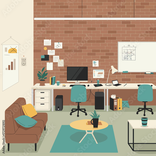 Modern Vector Illustration of Office Workspace with Desks Chairs Plants and Brick Wall in Flat Design Style
