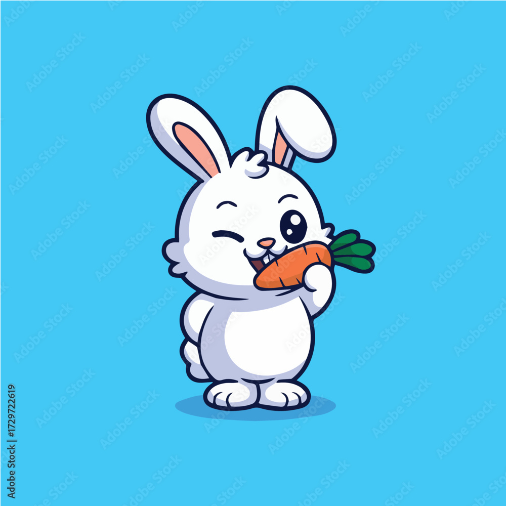 Obraz premium vector concept for cute cartoon rabbit eating a carrot on blue background with happy expression and winking eye