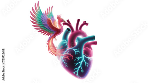 Phoenix Rises From A Glowing Neon Heart Symbolizing Rebirth And Transformation