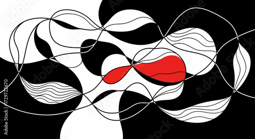 Abstract Monochrome Composition with Flowing Lines and Red Accents – High-Contrast Art Illustration