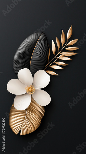 White flower gold leaf black leaf botanical elegant decorative modern luxury floral minimal White flower with gold and black leaves elegant botanical arrangement dark background modern luxury