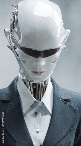Futuristic Humanoid Robot Face Close Up – Artificial Intelligence Concept
