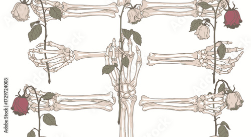 Skeleton Hands Holding Roses Pattern on White Background