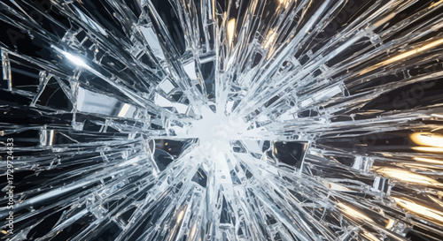 Radiating Shattered Glass Pattern with Reflective Fragments and Central Impact