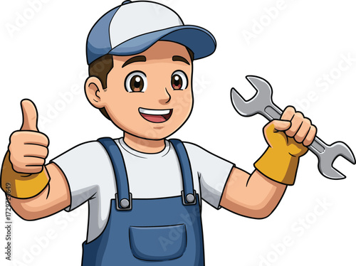 Cartoon mechanic character holding wrench and showing thumbs up, professional handyman illustration, repair service, maintenance, engineering, construction, worker vector design