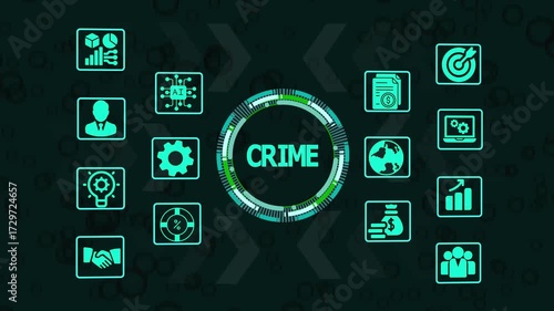 Crime concept with law enforcement, criminal investigation, digital security, police intervention, and public safety awareness.