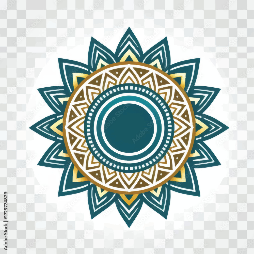 Naklejka premium Decorative circular design with teal and gold colors floral pattern.