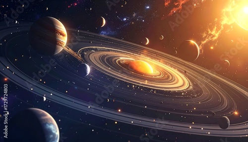 A vibrant, detailed depiction of a planetary system with a prominent ringed star, encircled by various planets and celestial bodies