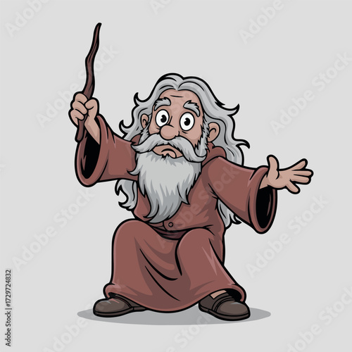 vector concept for cartoon wizard with long white beard and hair holding magic wand in hand isolated on plain background