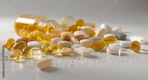 Assortment of Vitamin Supplements Spilling from Bottle