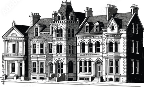 Vintage architectural illustration of historic European buildings with detailed facades, classic old houses, retro city street view, elegant hand drawn vector design