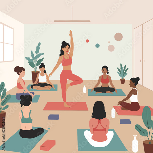 Minimalist Vector Illustration of Yoga Class Scene with Female Instructor and Participants in Modern Style