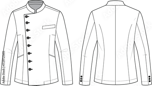 Men’s fashion jacket technical flat sketch, cad drawing, vector illustration, asymmetrical button closure, mandarin collar, front back view, clothing design