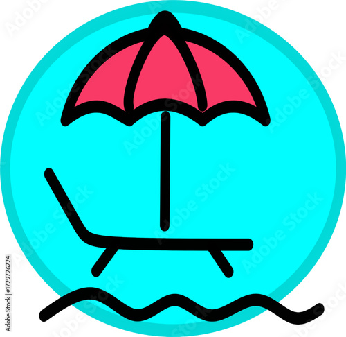 Sunbed with beach umbrella icon, colorful version. Beach loungers symbol.  Vector graphics and not Artificial Intelligence, logo illustration. Replaceable vector design.