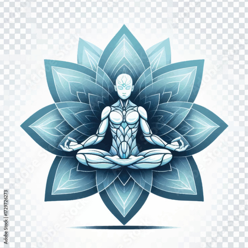 Man meditating in lotus position with a large blue lotus flower behind him.