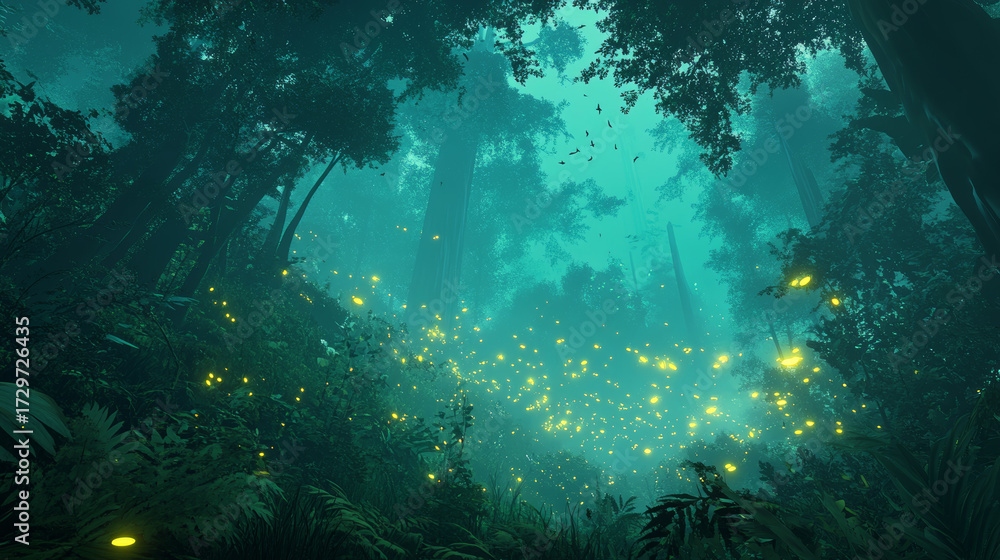 Fototapeta premium Enchanted Forest with Glowing Fireflies at Night