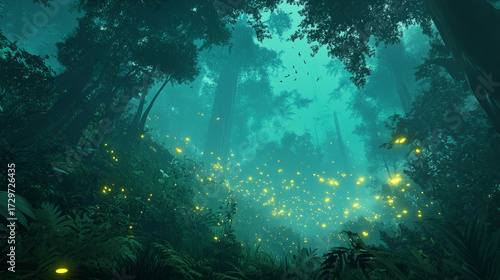 Enchanted Forest with Glowing Fireflies at Night