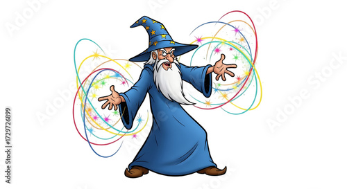 Cartoon wizard character casting magic spell isolated on white background
