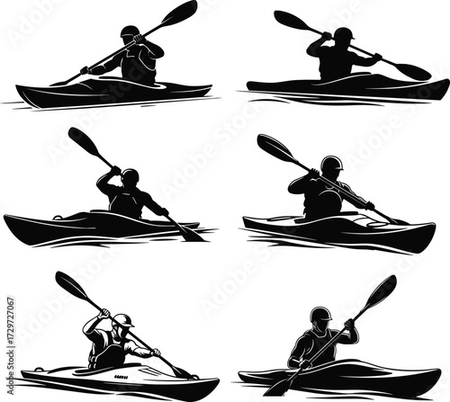 Kayak paddling silhouettes, kayaking sport vector, adventure water activity, river kayaking design, outdoor boating illustration, extreme sport artwork, rowing graphic