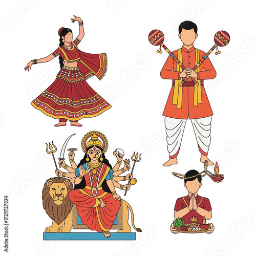 Four illustrations depicting Indian cultural elements: a dancer, a musician, a deity on a lion, and a worshipper.
