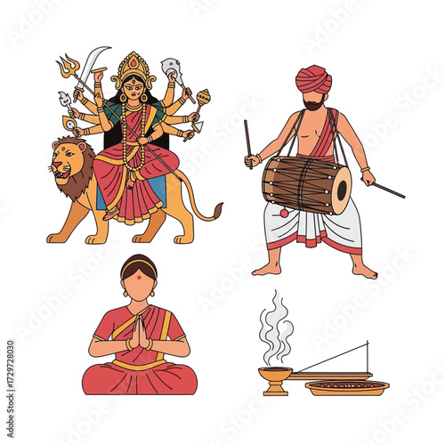Illustration depicting Hindu deities, a drummer, and a woman in prayer, with incense.