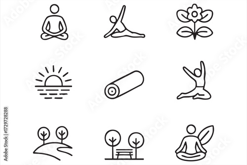 Vector pack of yoga icons featuring mindfulness poses, yoga mat, and nature retreat designs