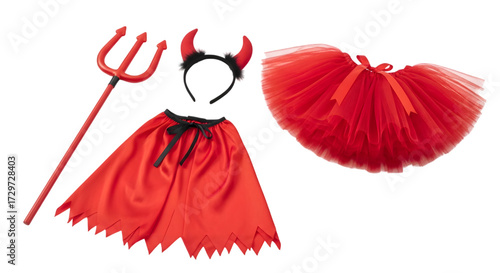 Red devil costume set with horns and cape isolated on white background